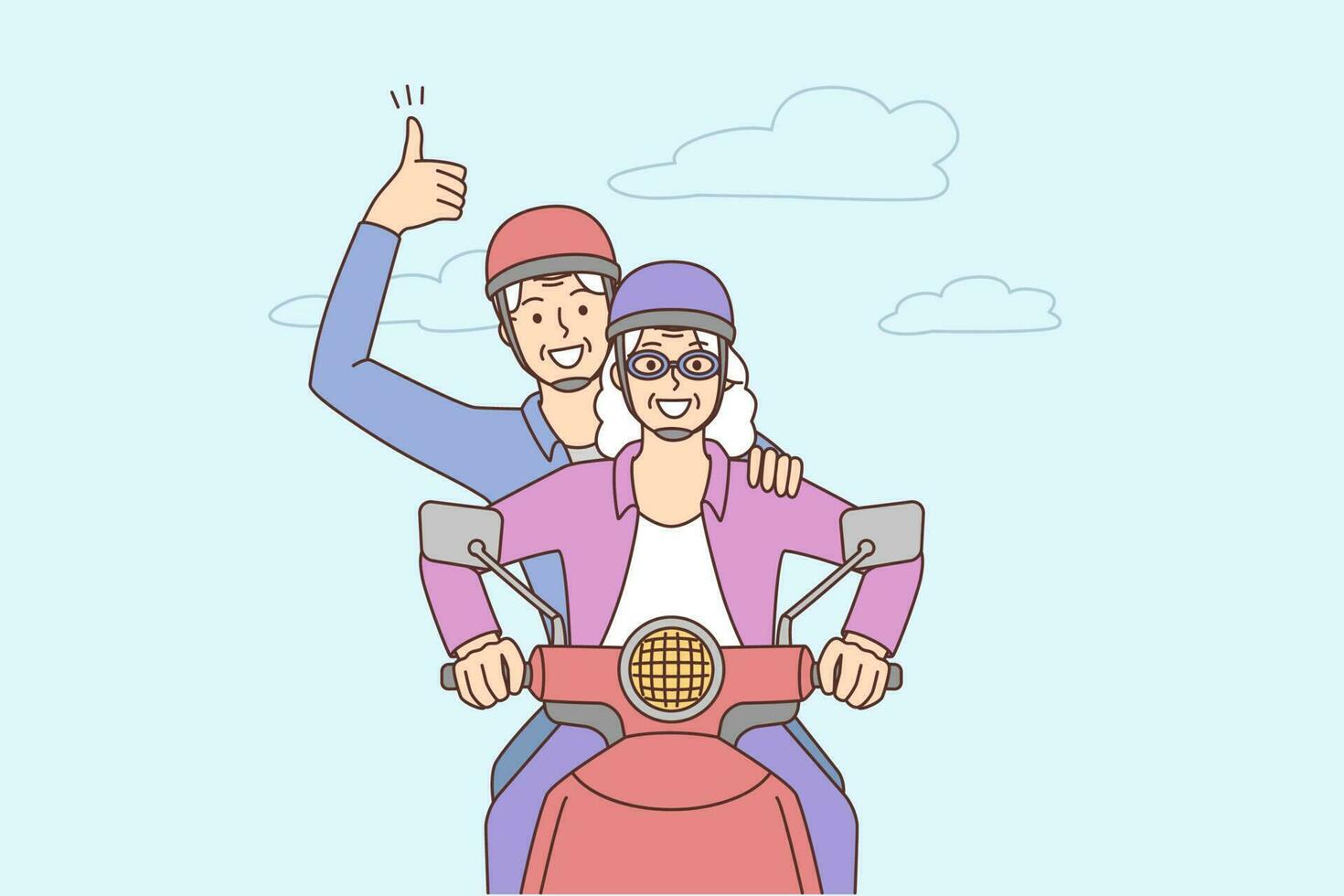 contento mayor Pareja conducción en moto. sonriente energético maduro hombre y mujer tener divertido disfrutar motocicleta paseo al aire libre. vector ilustración.