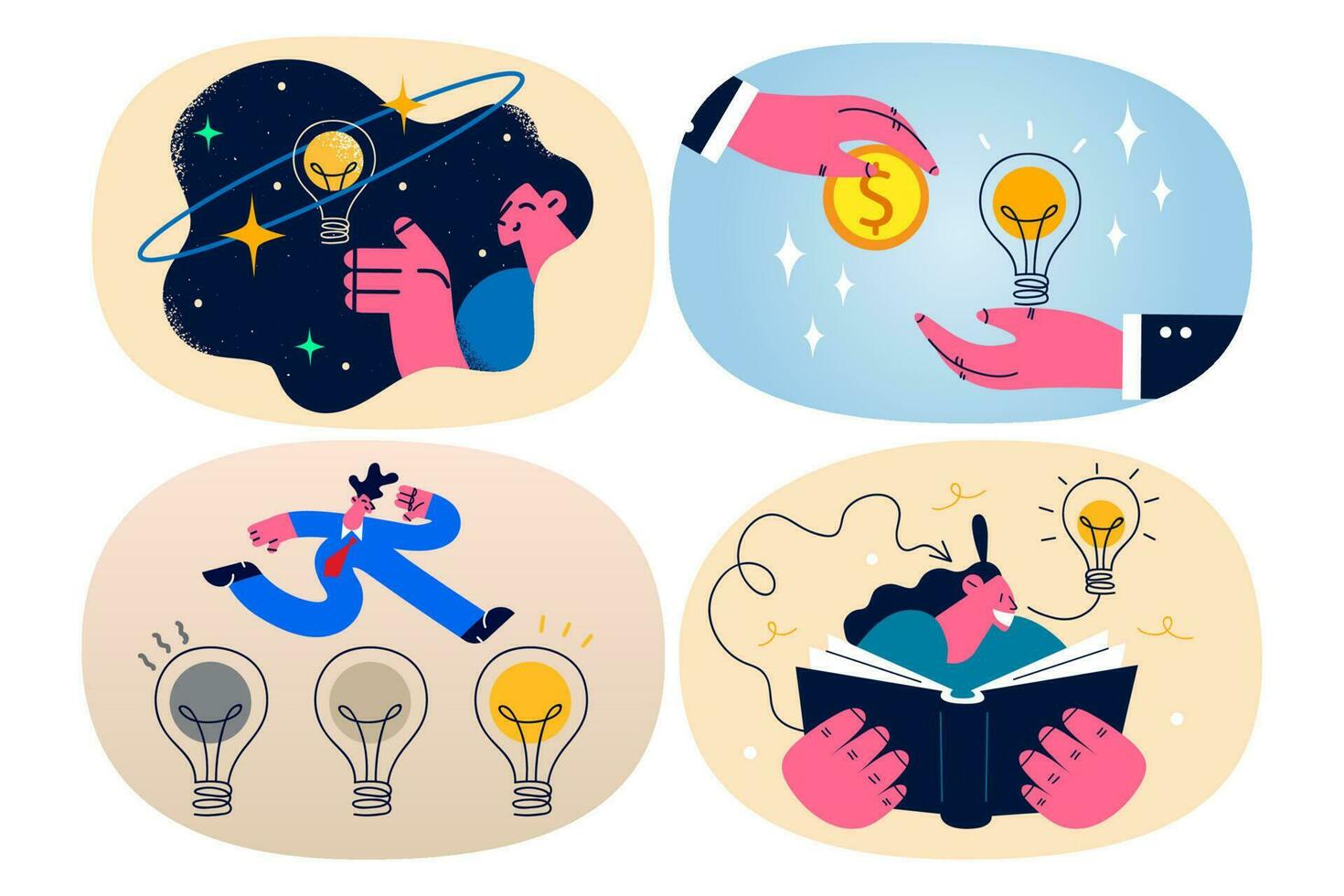 Business person engaged in creative thinking generate successful plan for financial growth and success. Businesspeople brainstorm look for innovative idea or solution. Flat vector illustration. Set.