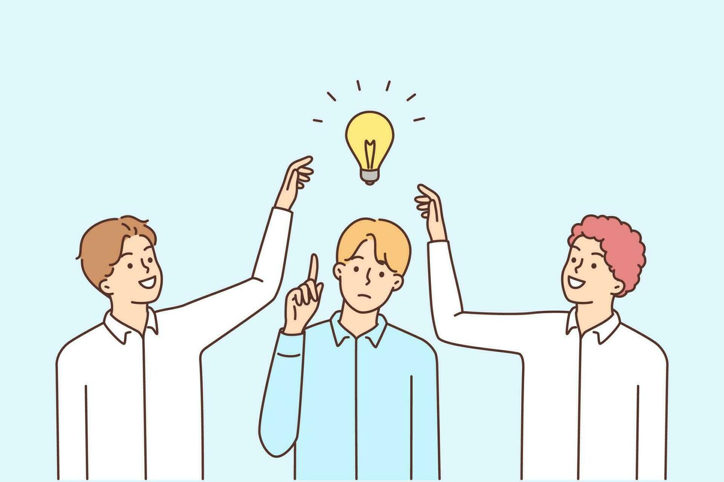 Pensive young man with light bulb above head generate idea, colleagues try to steal. Employees touch light bulb above coworker head. Rivalry and competition. Vector illustration.