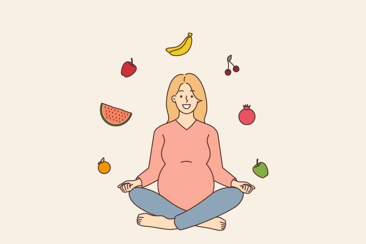 Happy pregnant woman sit in lotus pose with fruits around. Smiling future mother follow healthy lifestyle. Pregnancy and good nutrition. Vector illustration.