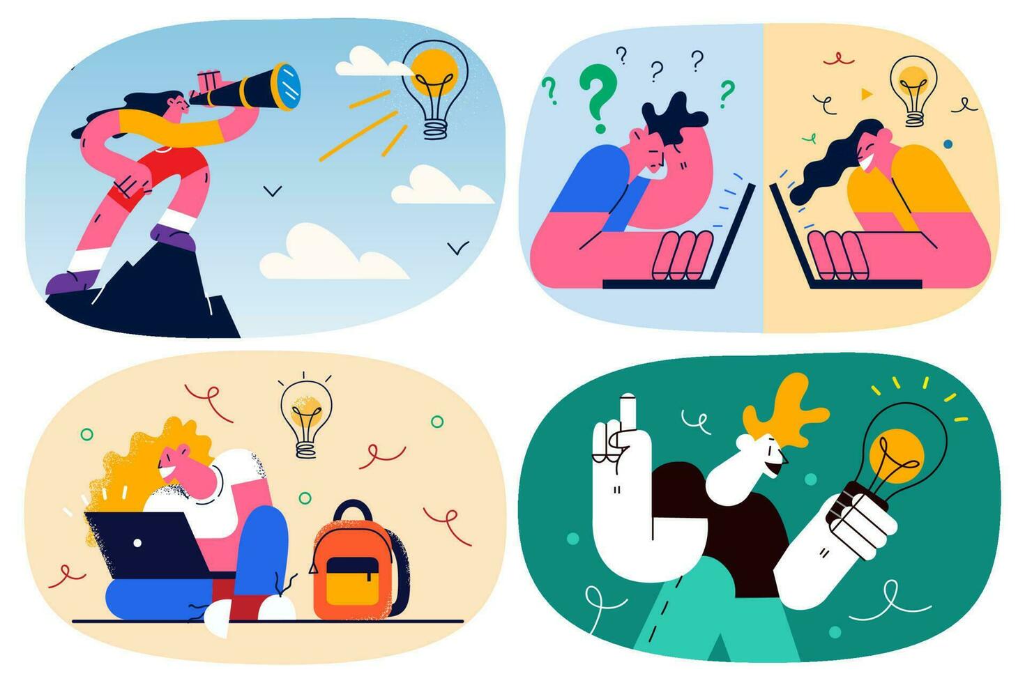 Students study work online develop innovative ideas involved in creative thinking. Businesspeople or freelancers brainstorm generate business plans or projects. Innovation. Vector illustration. Set.