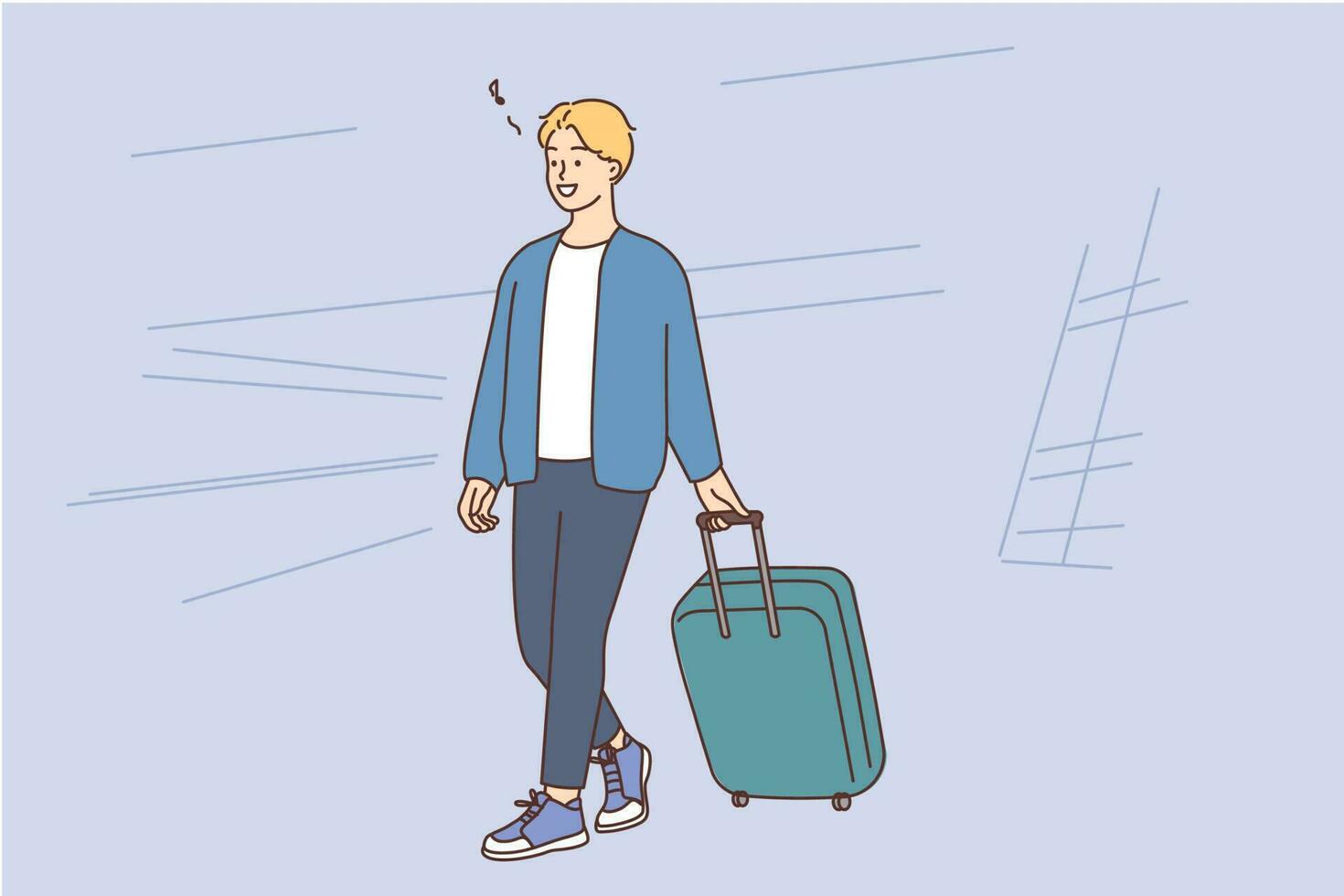 Smiling man with suitcase walking in airport ready for travel. Happy guy with baggage excited with vacation or holidays. Tourism concept. Vector illustration.