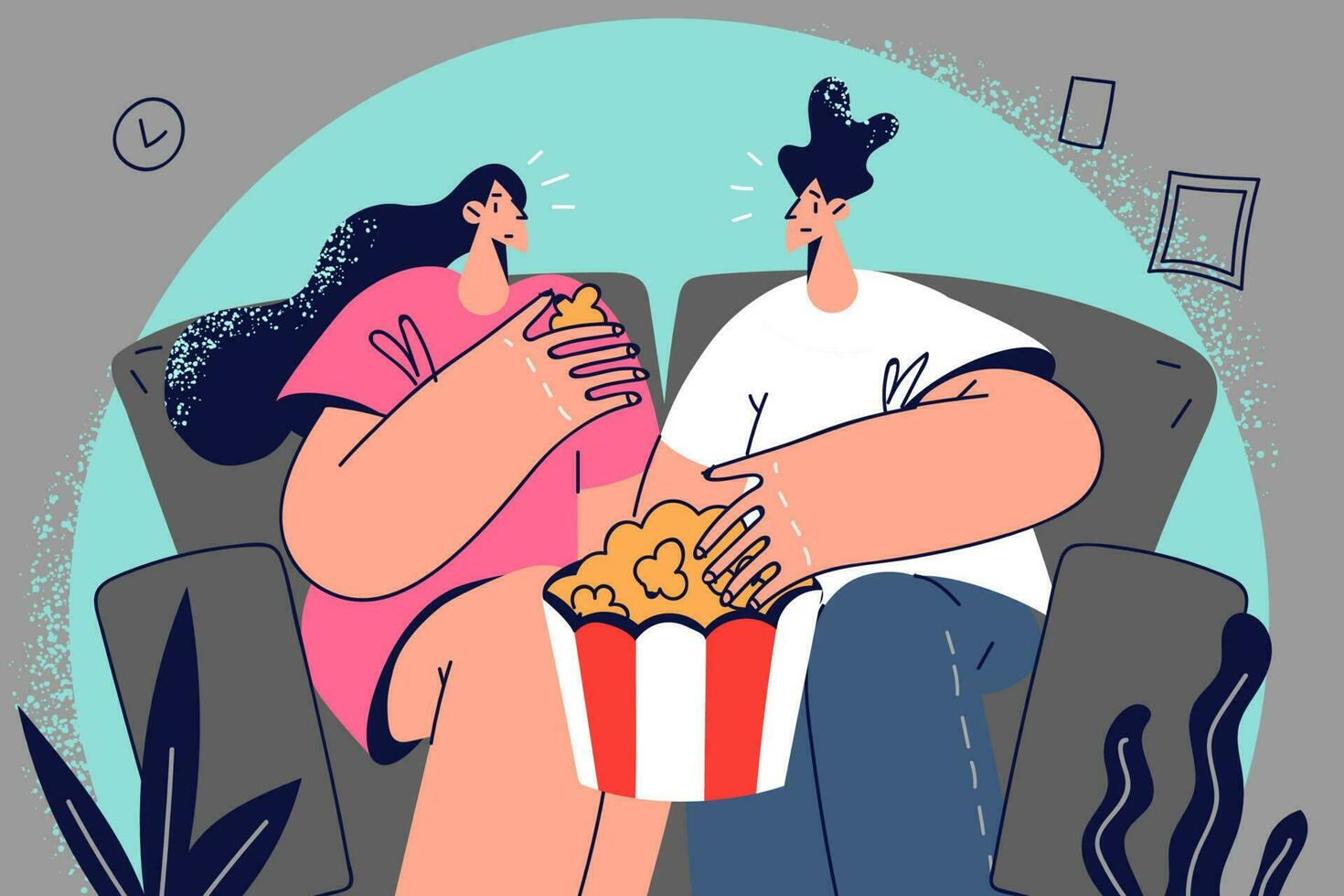 Happy couple sitting on couch eating popcorn watching movie together. Smiling man and woman relaxing on sofa enjoying cinema. Vector illustration.