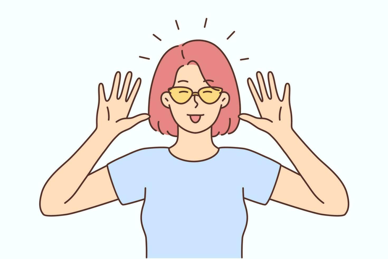 Smiling young woman in sunglasses make funny face expression. Happy girl have fun showing hand gesture. Vector illustration.