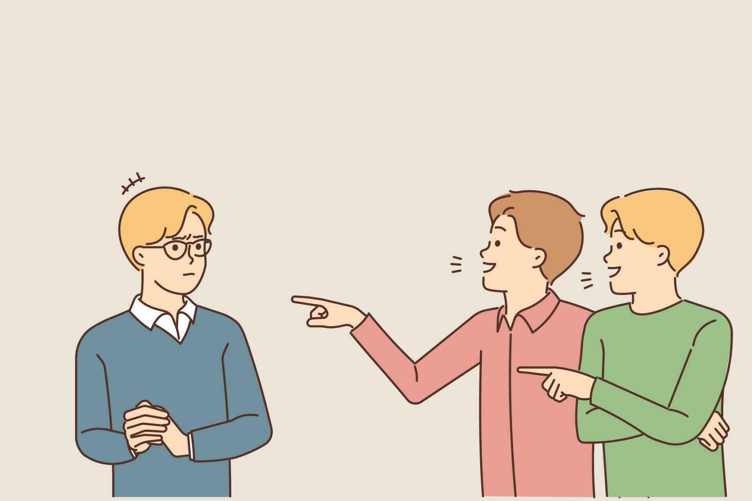 Smiling guys point at mate in glasses mocking or bullying him. Mad violent males laugh at stressed boy in eyewear. School mockery and discrimination. Vector illustration.