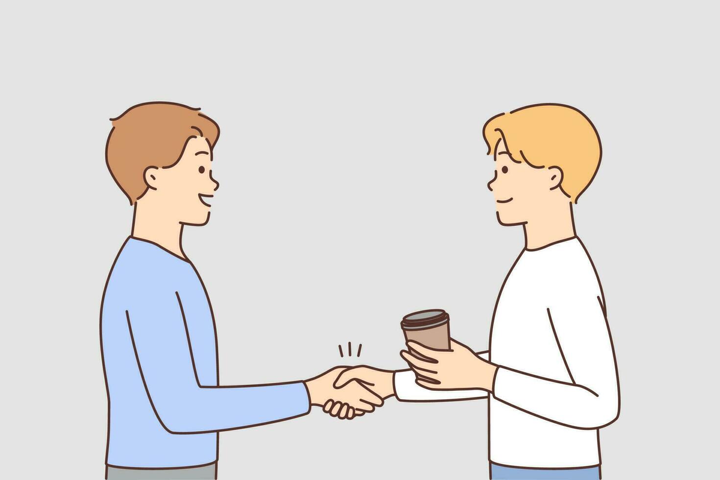 Smiling guys shake hands get acquainted outdoors. Happy men handshake greeting closing deal or making agreement. Vector illustration. Partnership concept.