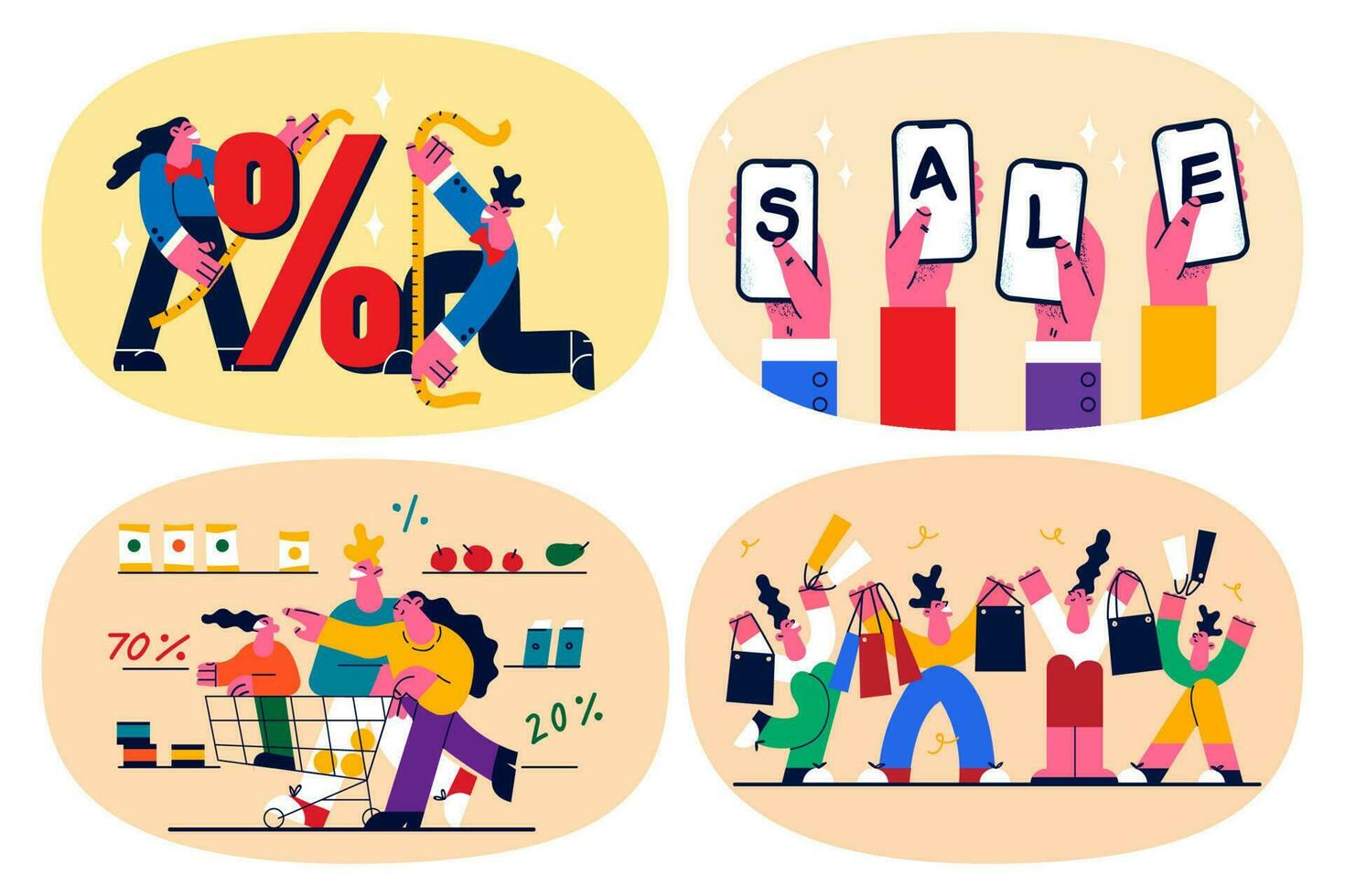 Set of people buyers excited with good seasonal sale or discount in store or mall. Collection of clients or customers buy online or in shop on season promotion or offer. Flat vector illustration.