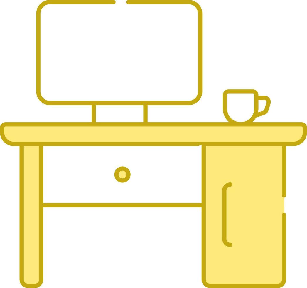 Yellow And White Illustration Of Monitor With Cup On Drawer Desk Flat Icon. vector