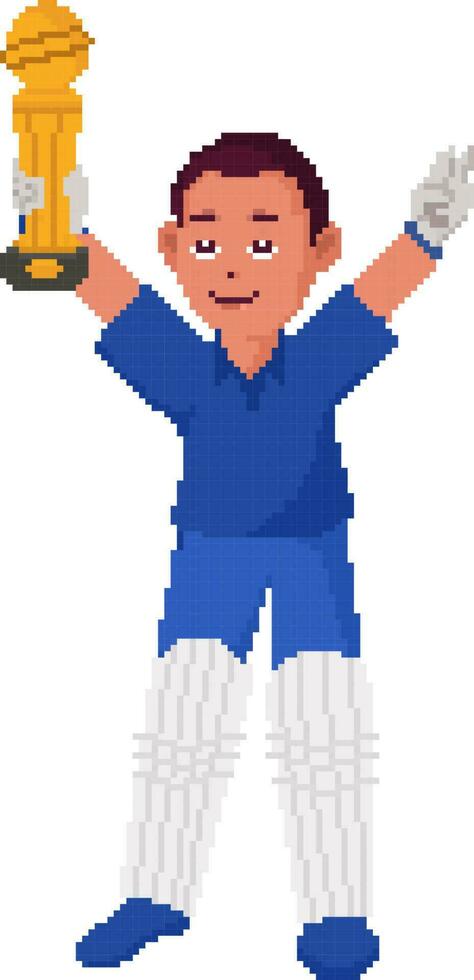 Pixel Effect Cricket Player Man Holding Trophy Cup Against White Background. vector