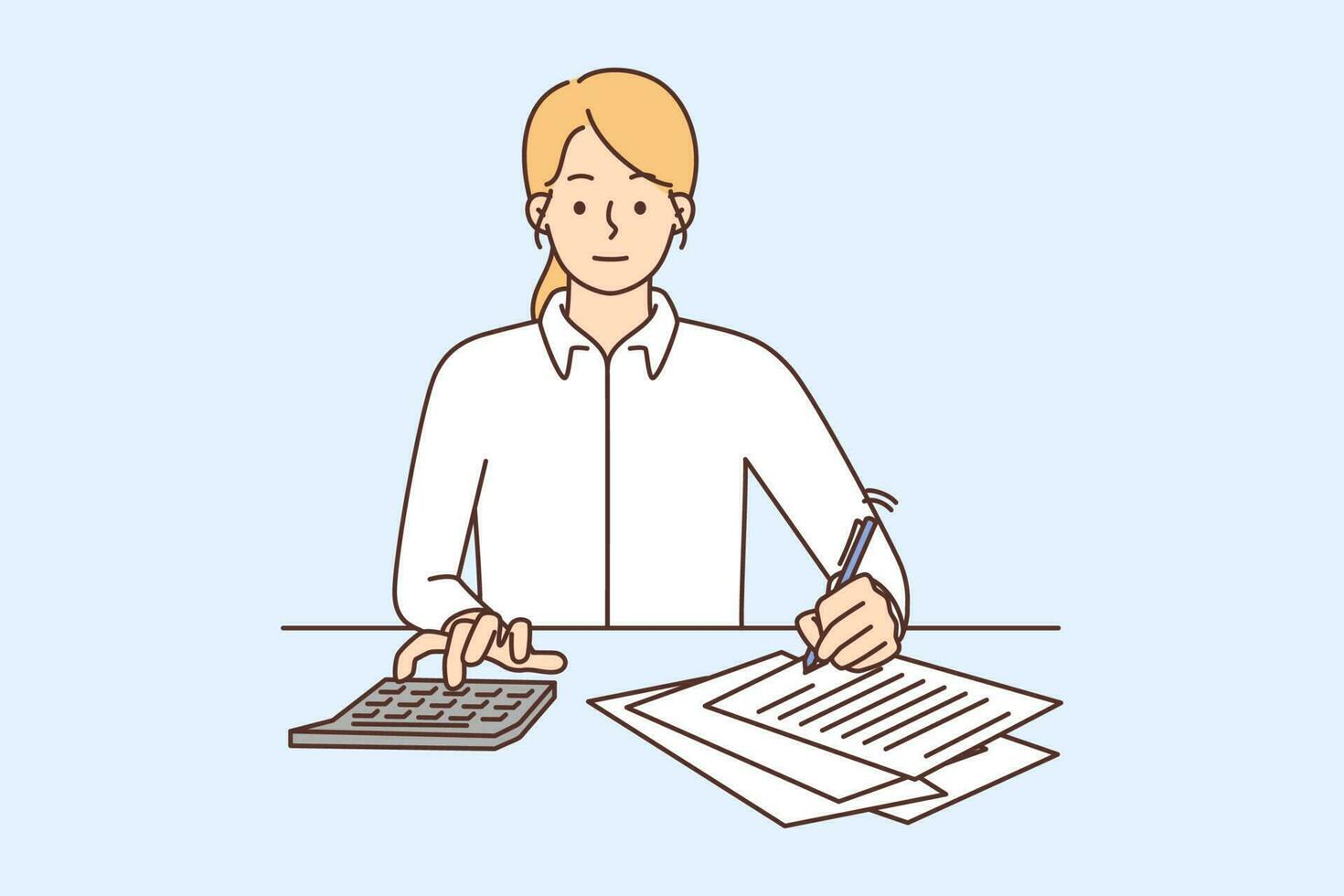 Female accountant take notes on paper count on calculator sitting at office desk. Woman employee or worker busy calculating expenses on machine. Vector illustration.