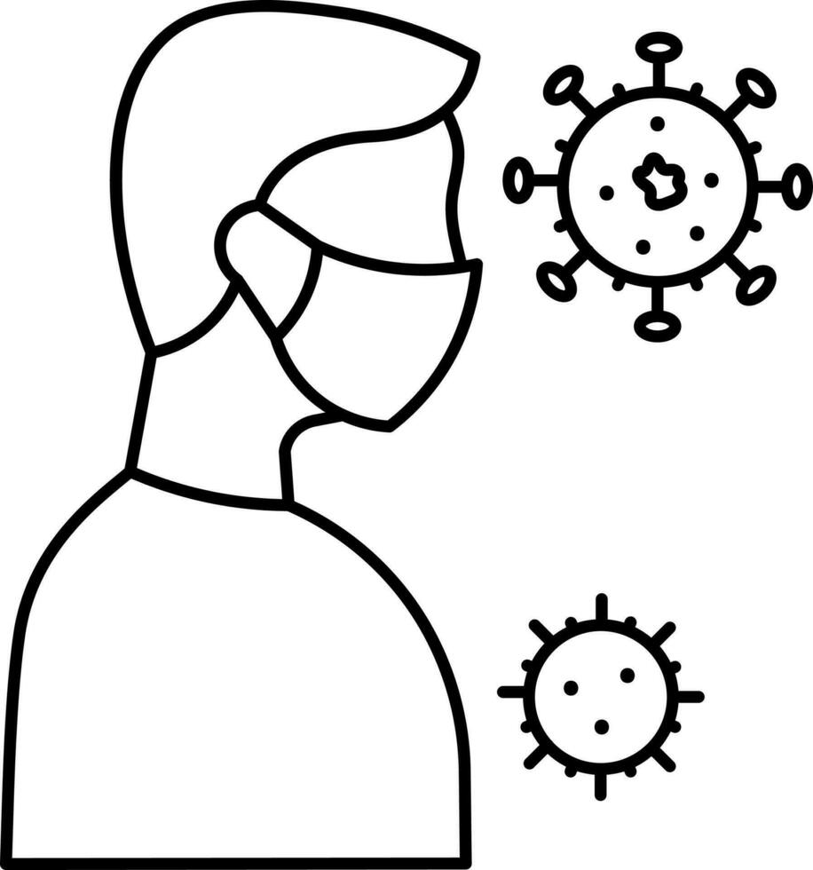 Black Line Art Mask Wearing Man Outside Virus Icon. vector