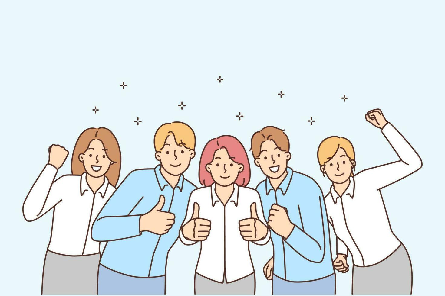 Group of smiling businesspeople showing thumbs up celebrating shared business success. Happy work team cheering enjoy good job results. Vector illustration. Teamwork.