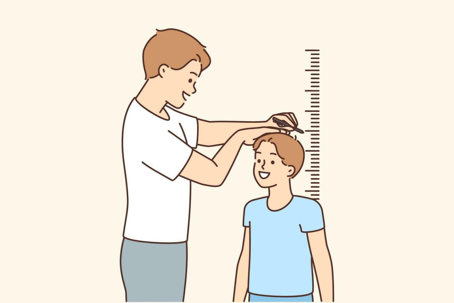 Smiling father measure small son height near wall. Happy dad check little boy child near measurement indoors. Children growing. Vector illustration.