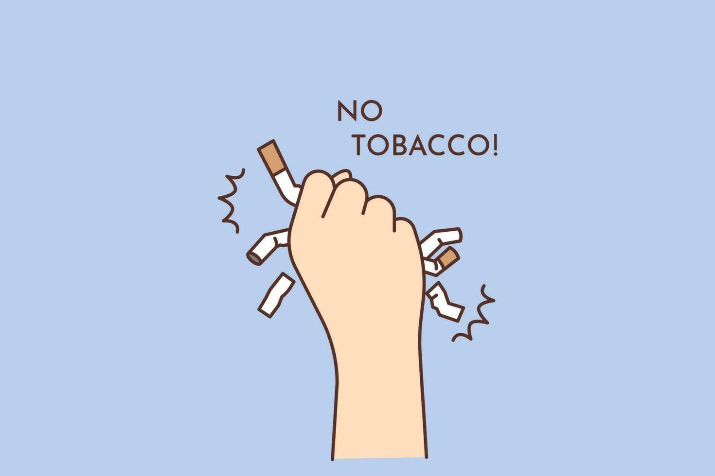 Close-up of person hand with cigarettes saying no to tobacco. Smoker quit smoking throw away cigarette. Bad unhealthy habit quitting. Vector illustration.