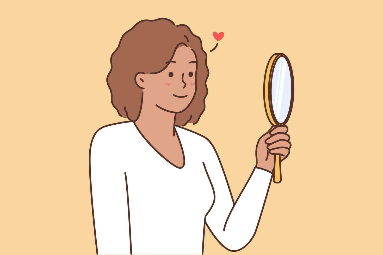 Happy young African American woman look in mirror loving her reflection. Smiling black girl with good self-esteem and love to herself. Vector illustration.