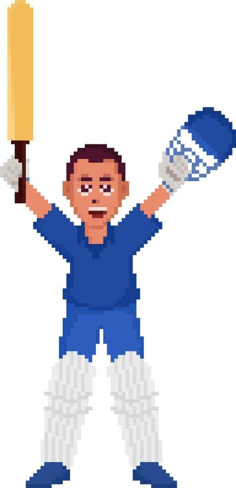 Pixel Art Cheerful Batsman Character In Winning Pose On White Background. vector