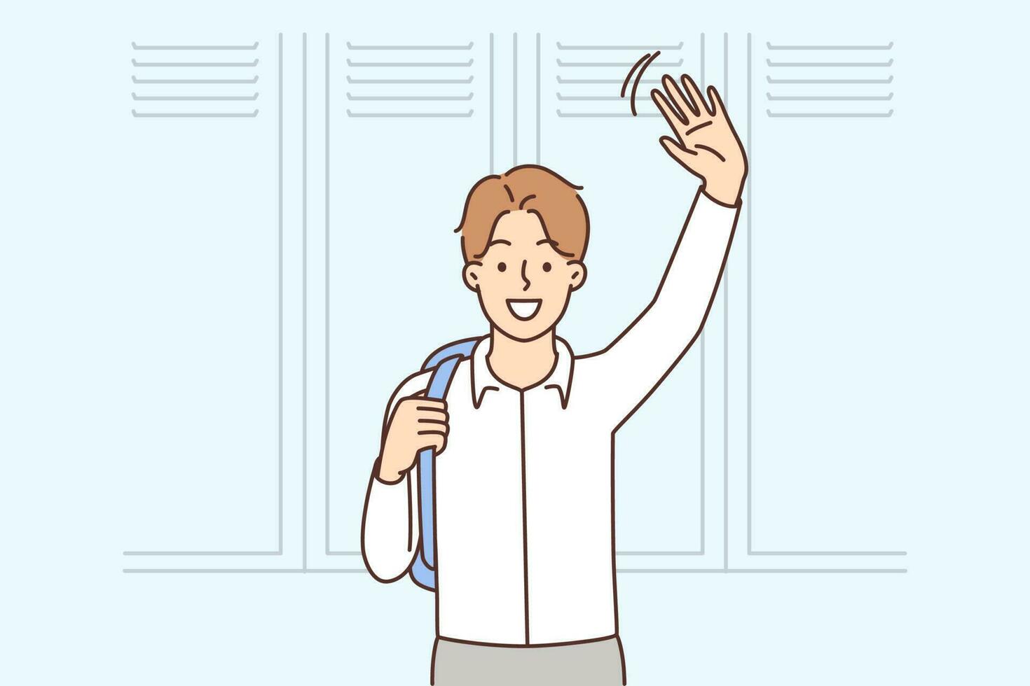 Smiling boy with backpack waving saying hello at school. Happy schoolboy feeling excited in classroom. Male student in college or university. Vector illustration.