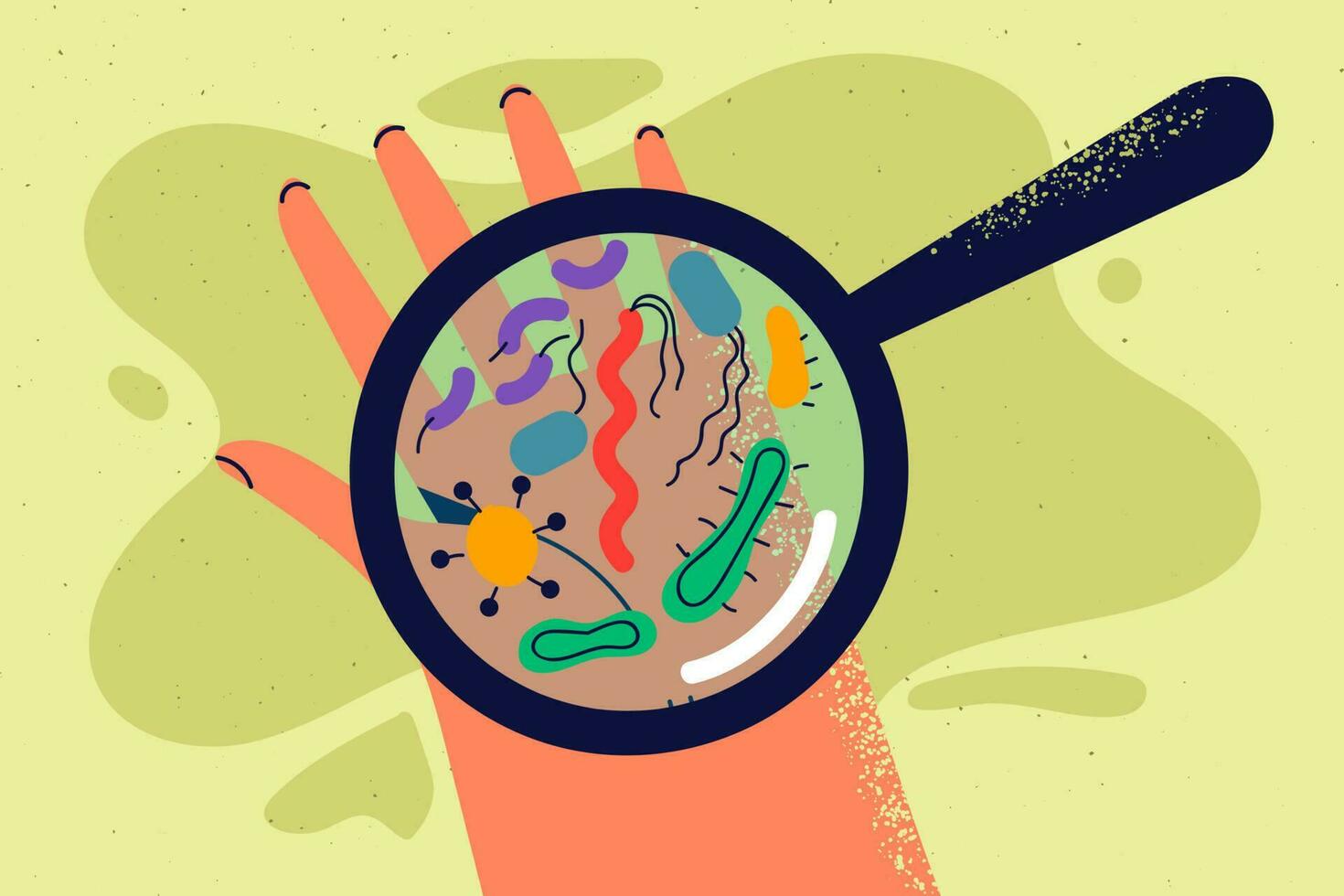 Magnifier with bacteria on hand. Magnifying glass zooming microbes on person palm. Healthcare and medicine. Vector illustration.