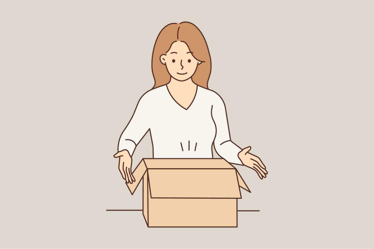Smiling young woman unpack carton box with order. Happy female client or customer open cardboard box with online purchase. Vector illustration.