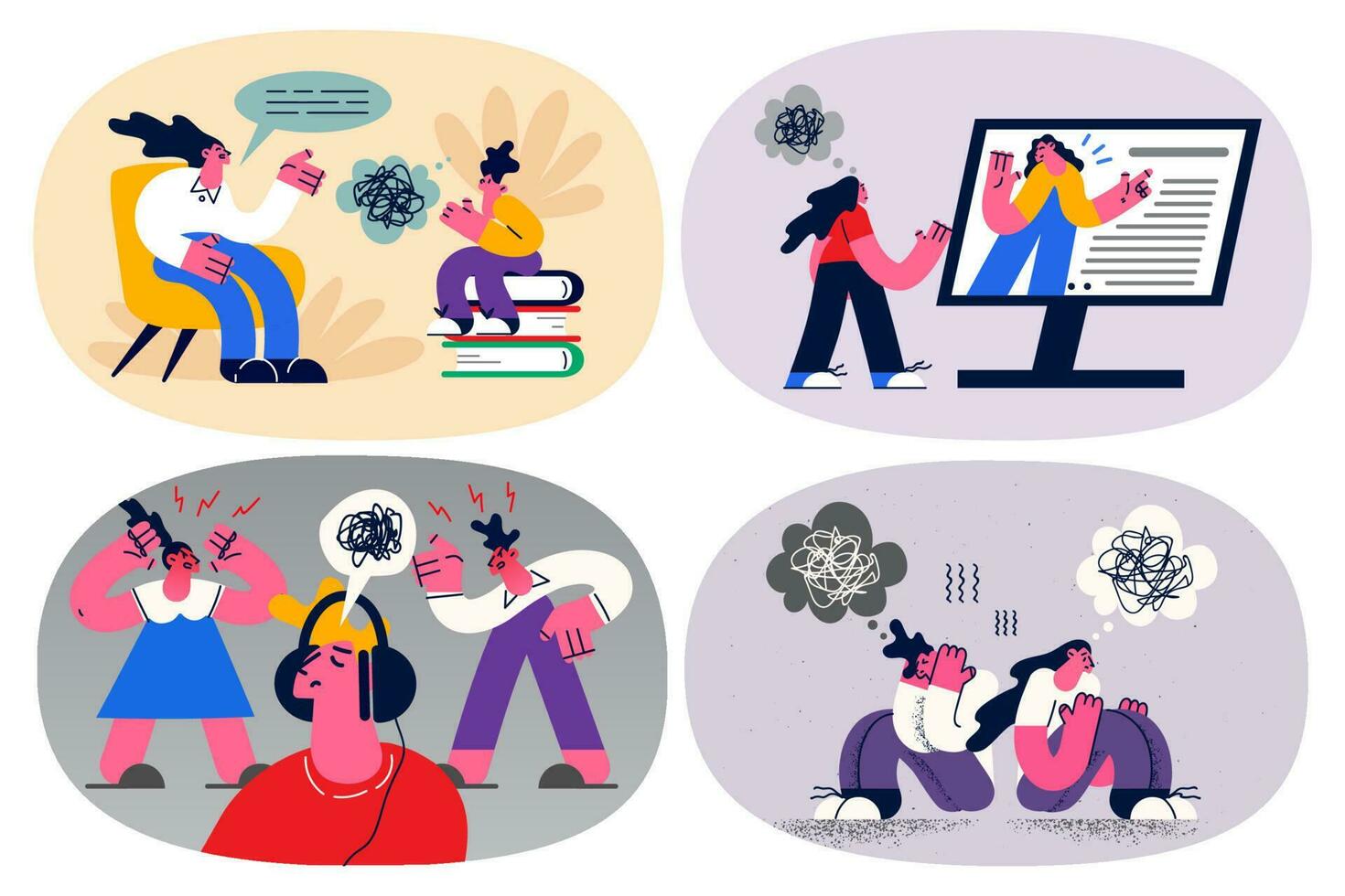 Set of stressed people with mess chaos in head need psychology or mental treatment. Bundle of frustrated person suffer from depression or disorder unravel deal with problems. Vector illustration.
