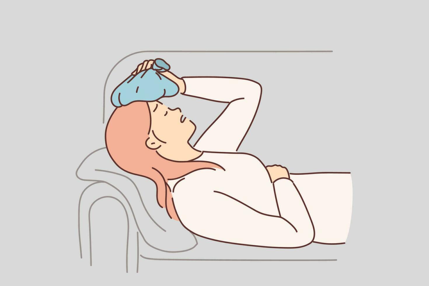 Woman suffers from hangover and puts ice pack on head to get rid of headache after alcohol party. Girl with hangover due to alcohol abuse and drinking lies on couch in need of headache pills vector