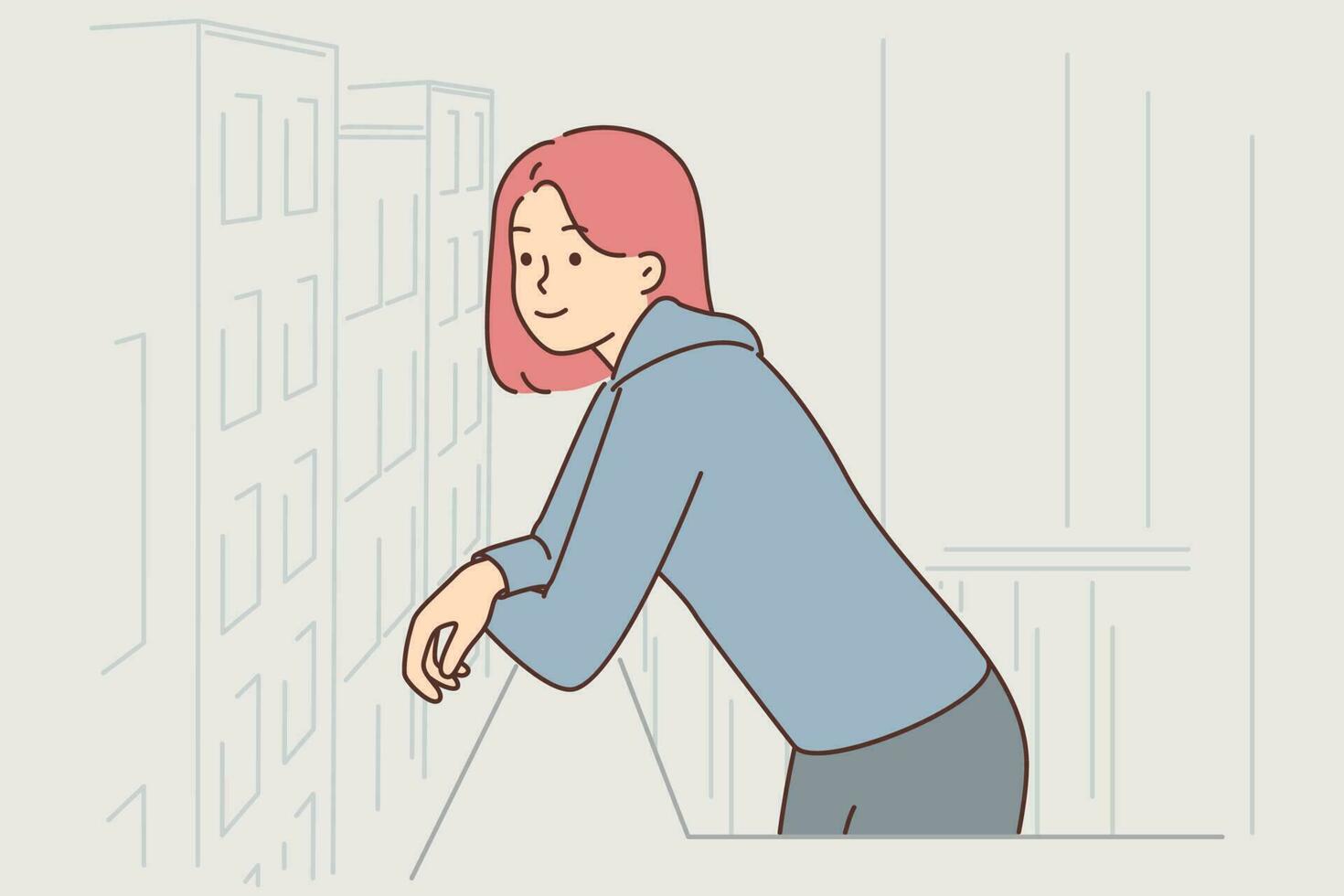 Woman stands on balcony and admires city enjoying life in large metropolis with high-rise residential buildings. Girl takes break from work and breathes fresh air located on balcony of own hotel room vector