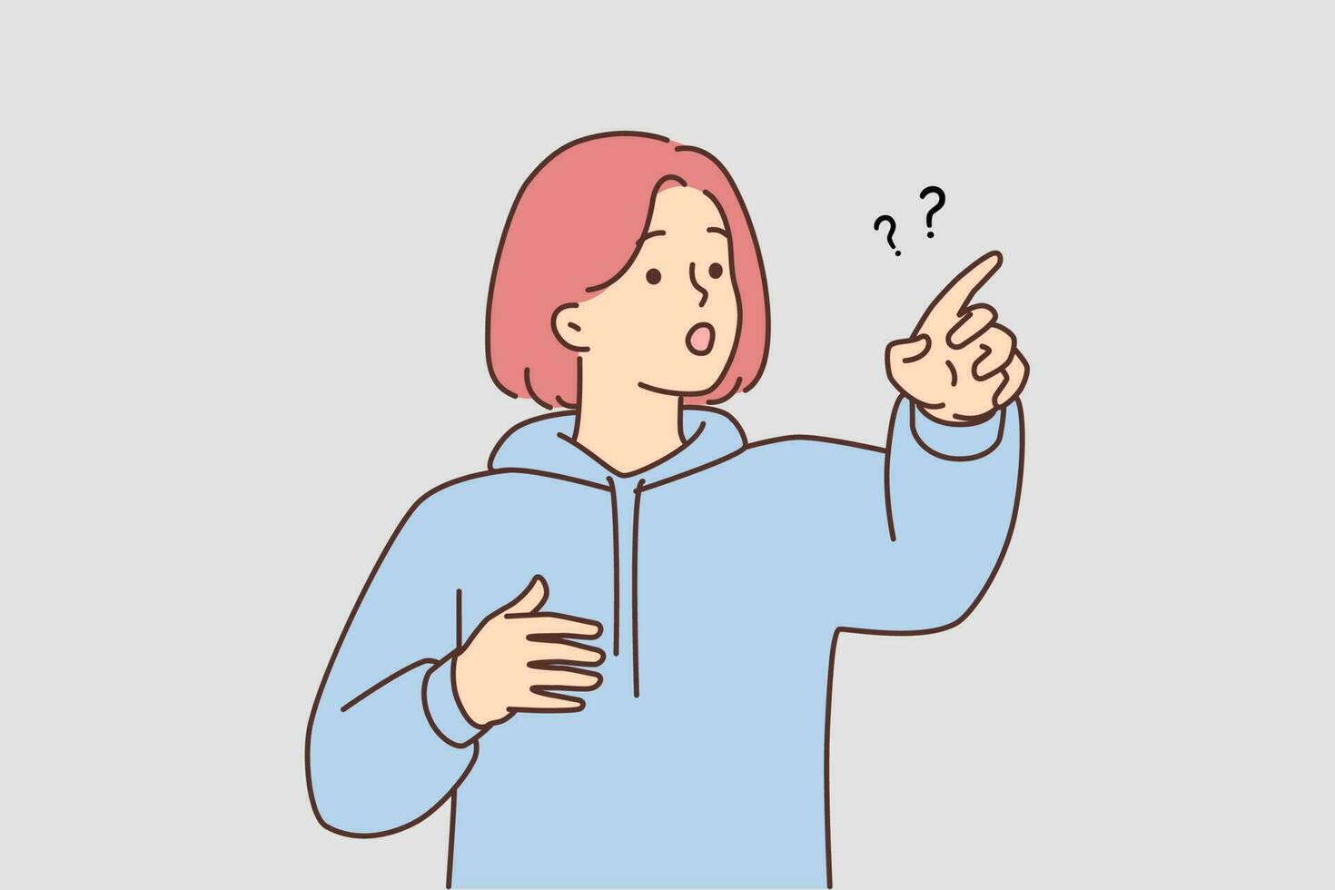 Confused girl point at something feeling shocked and stunned. Frustrated teenager show direction. Vector illustration.