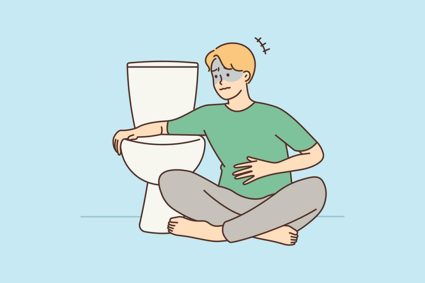 insalubre hombre sentar cerca baño sensación enfermo. indispuesto enfermo chico sensación náusea querer a vómito en WC. cuidado de la salud concepto. vector ilustración.