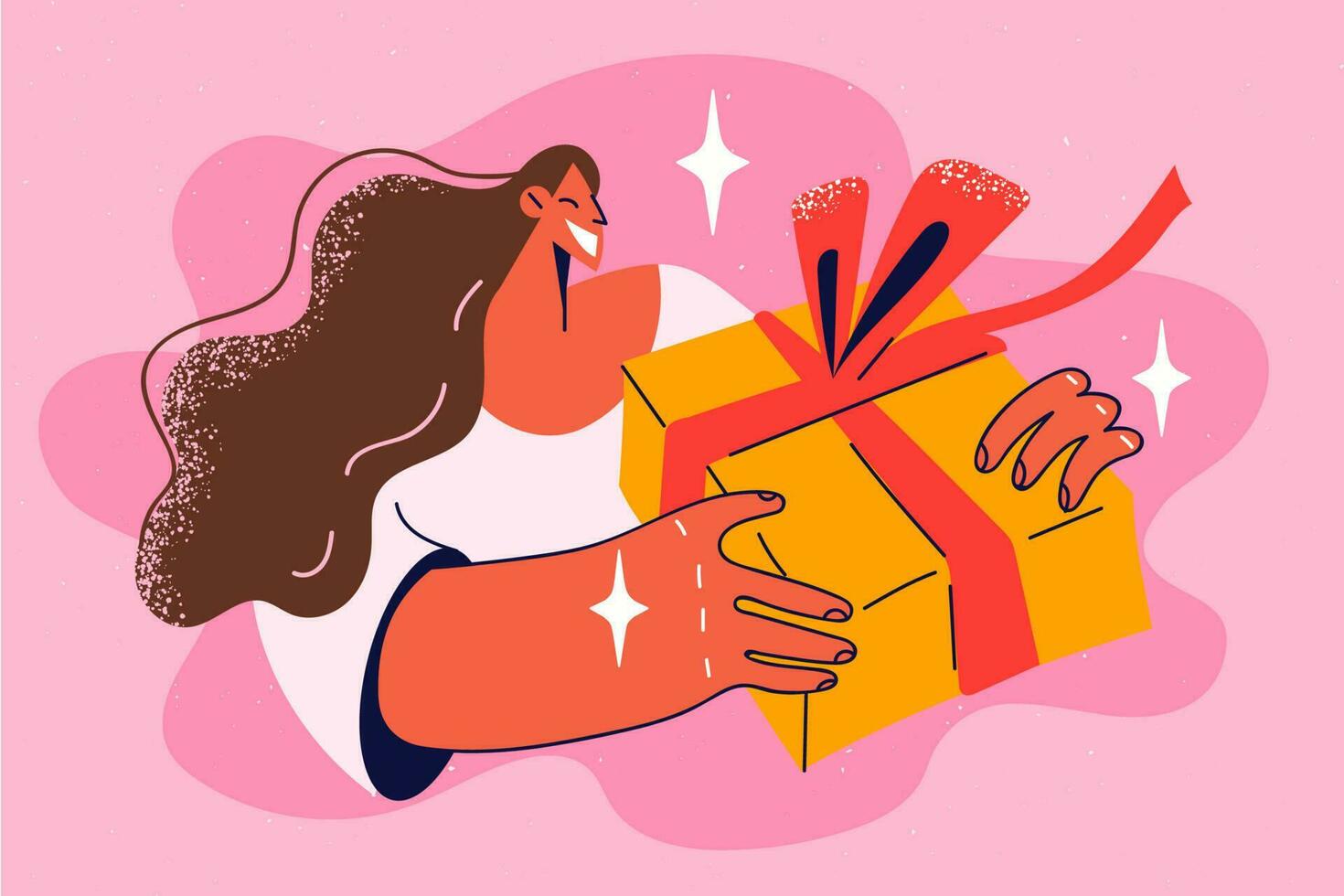 Smiling young woman holding wrapped birthday present celebrate anniversary. Happy girl with gift box greeting with special occasion. Vector illustration.
