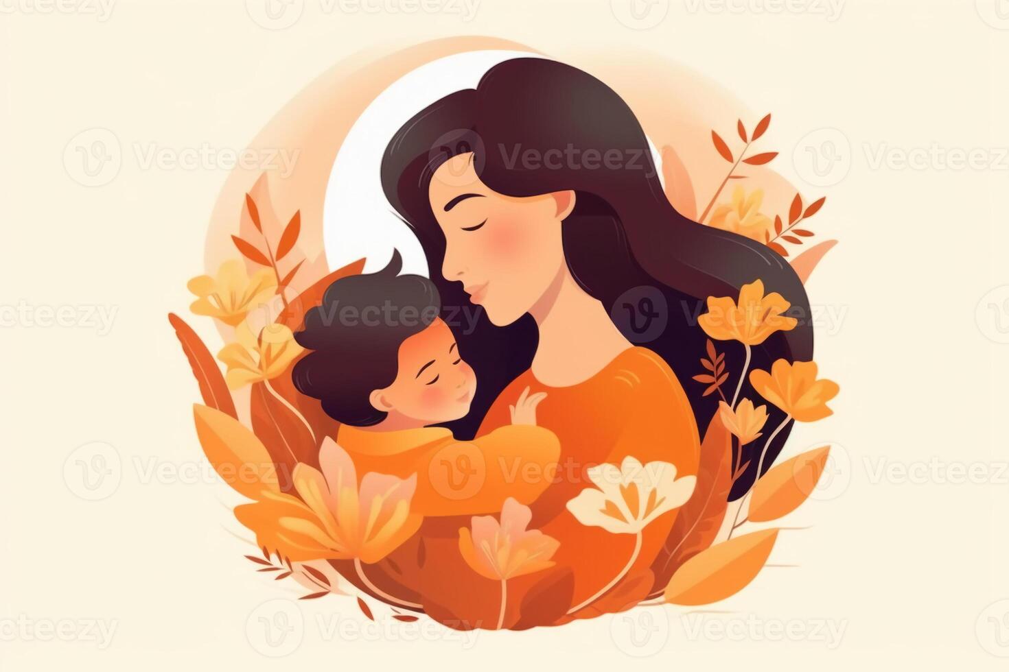 Illustration of mother with her little child, flower in the background. Concept of mothers day, mothers love, relationships between mother and child. photo