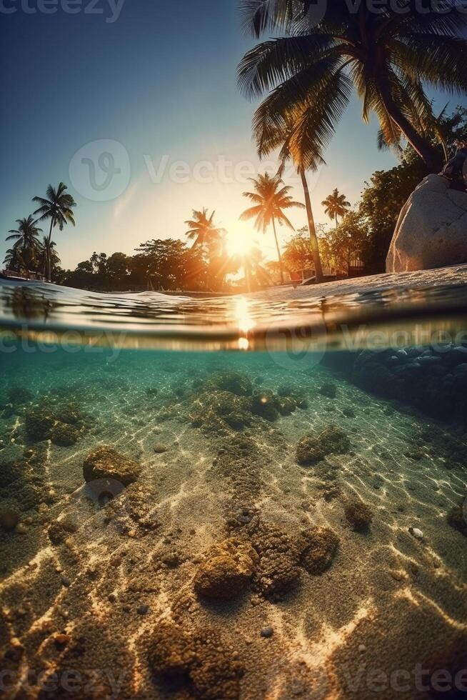 Photograph of beautiful inviting beach scene with sunset sky. photo