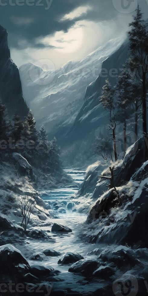 A painting of a valley covered in snow, in the style of dark fantasy, realistic lighting, luminosity of water, flowing silhouettes, fairy tale. photo