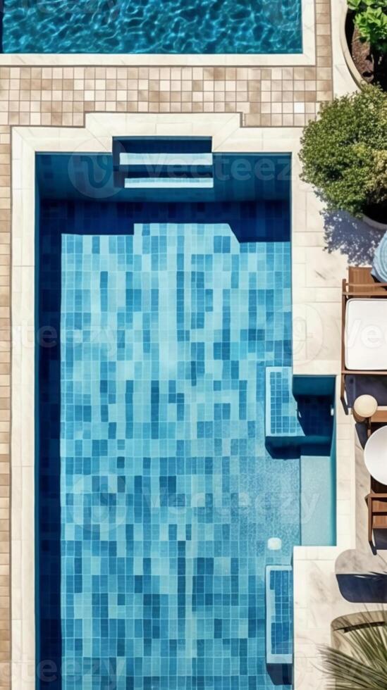 lounging by the pool with blue and white tiles, caustic water, refraction, aerial top view. photo