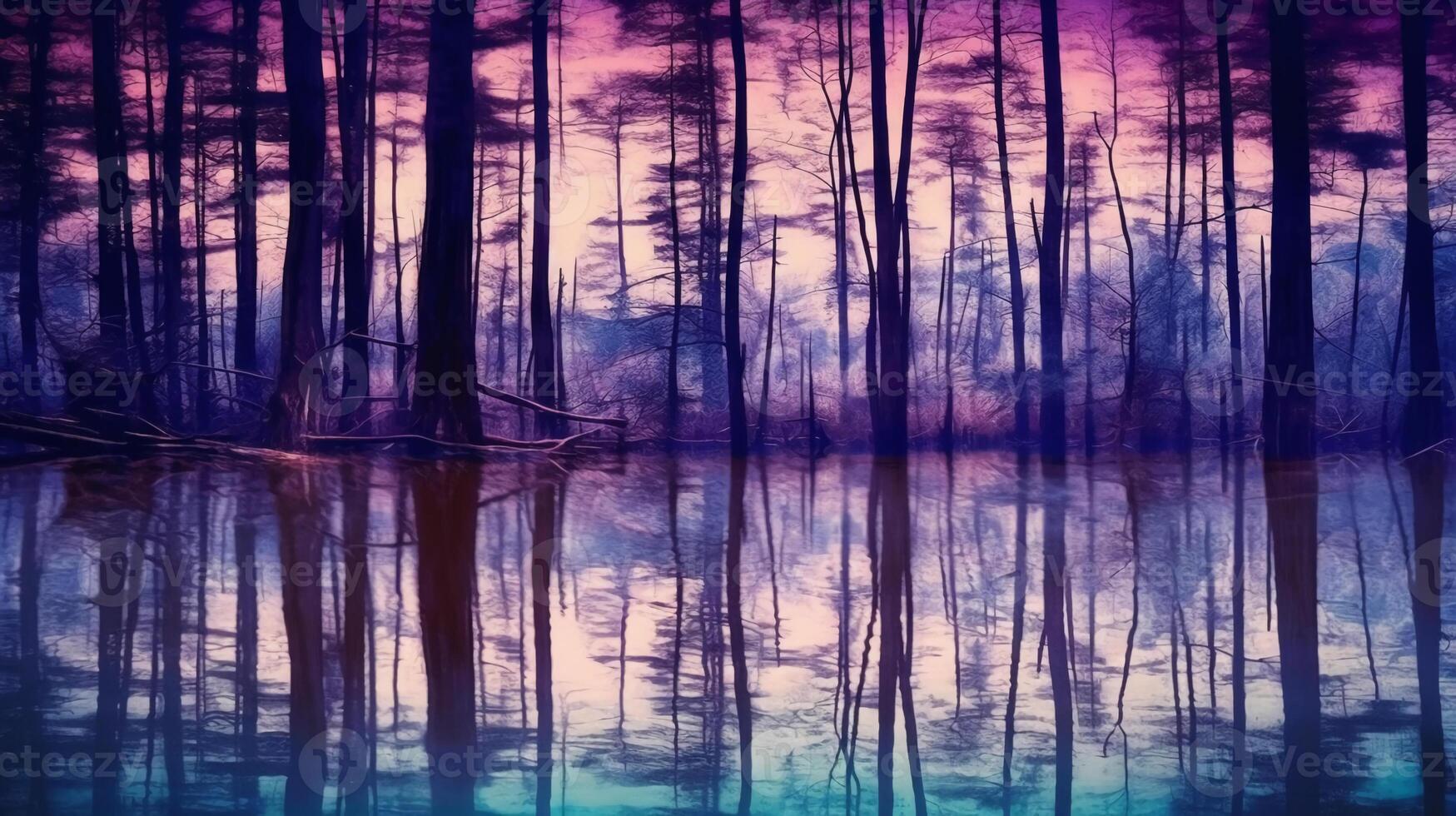Trees in a forest with water on it, in the style of blur silhouette, with a blue purple tone. photo