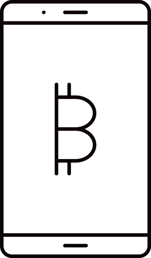 Black Outline Bitcoin With Smart Phone Icon. vector