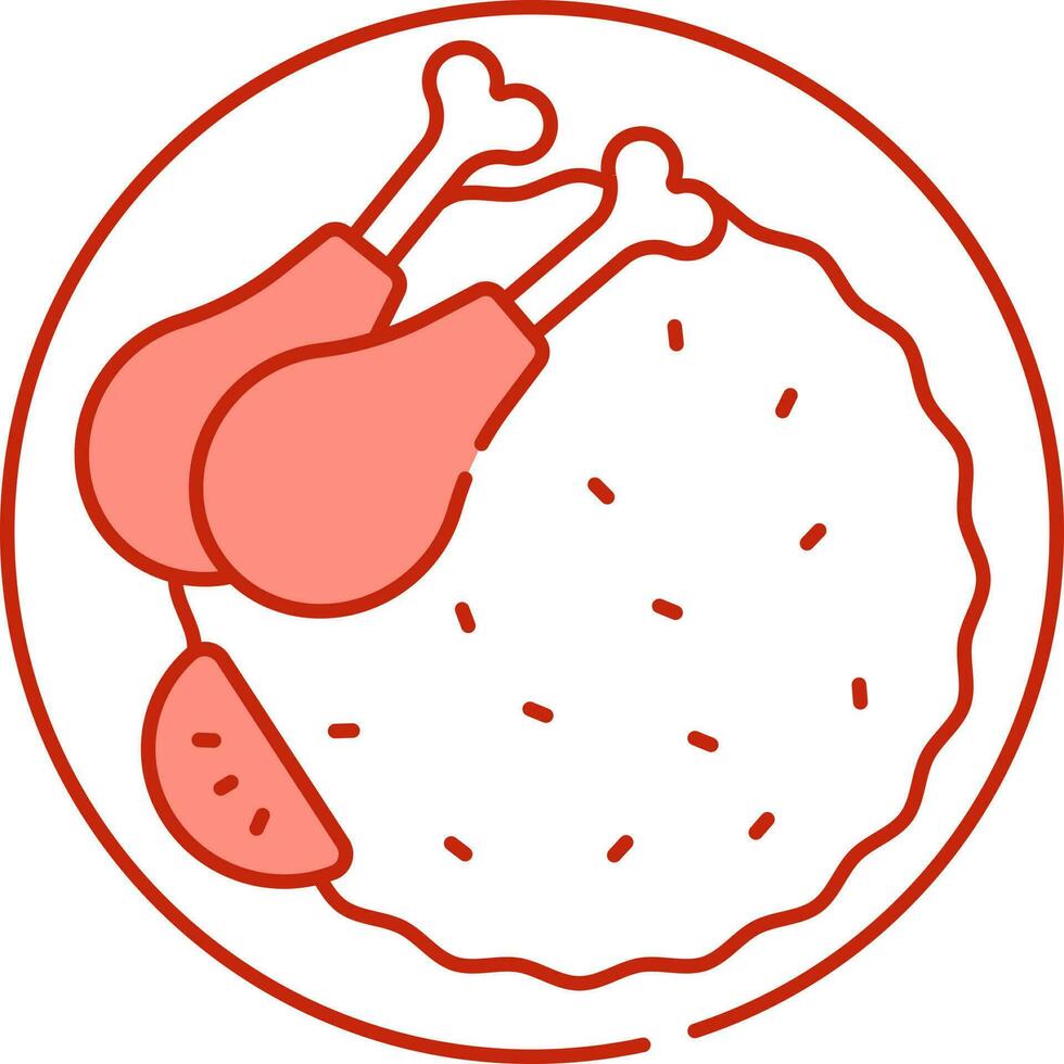 Chicken Rice Dish Plate Icon In Light Red And White Color. vector