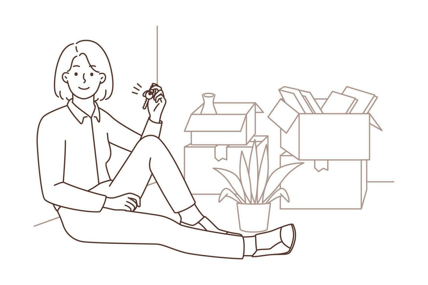 Happy female tenant sit on floor in own apartment holding keys in hands. Smiling woman celebrate moving to new house or flat. Rental and realty. Vector illustration.