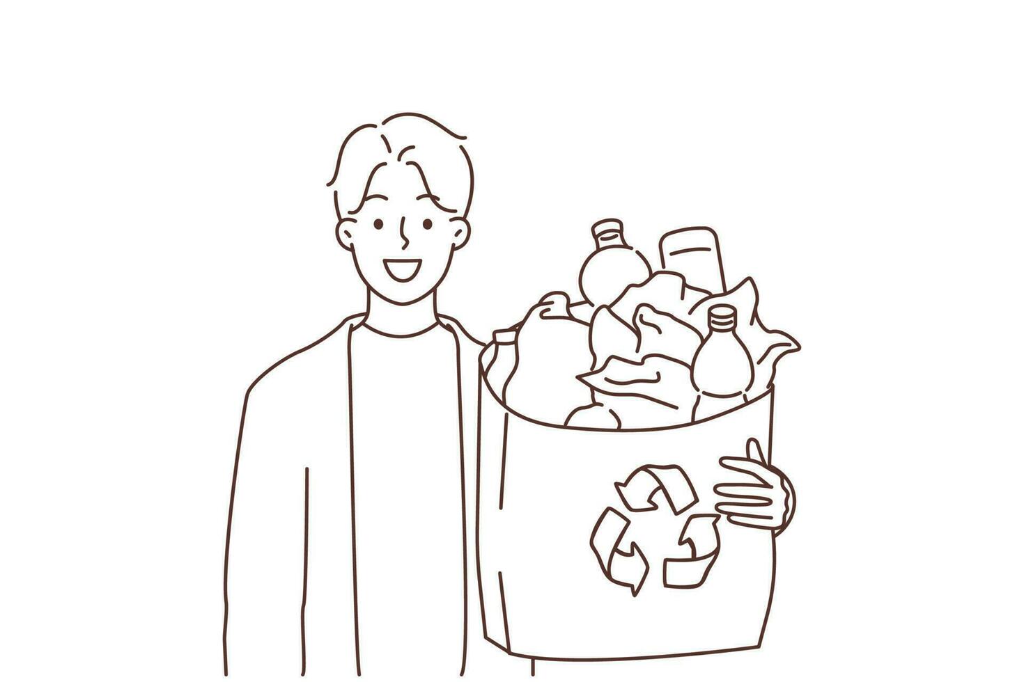 Smiling man hold bag with plastic bottles for utilization. Happy guy recycle plastic care about planet and environment safety. Vector illustration.