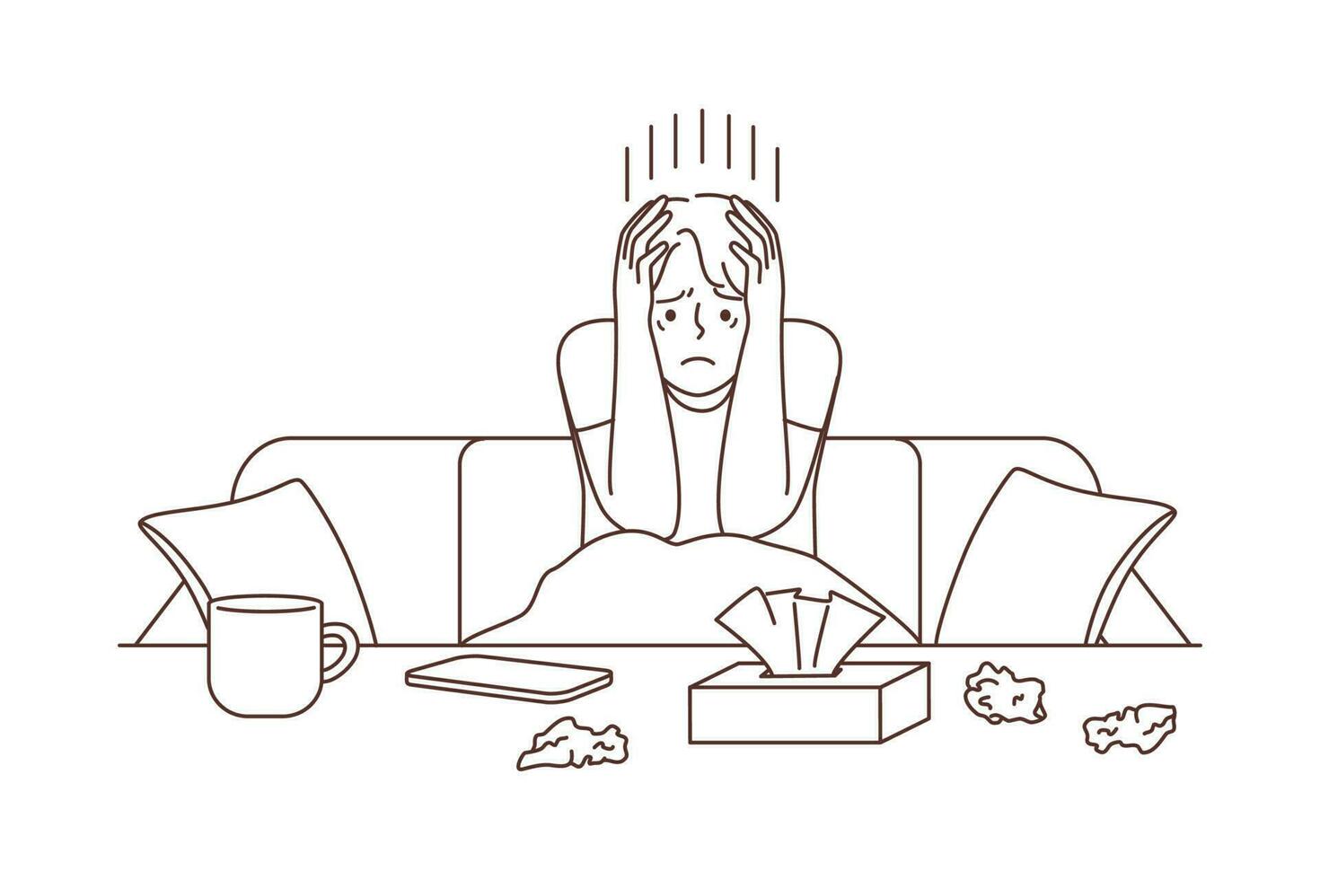 Unhappy man sitting on sofa feeling stressed crying after breakup or split. Upset male suffer from depression or anxiety at home. Vector illustration.