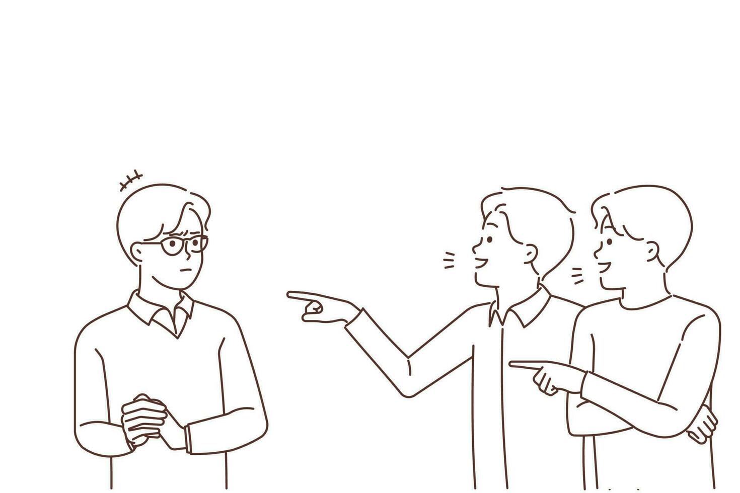 Smiling guys point at mate in glasses mocking or bullying him. Mad violent males laugh at stressed boy in eyewear. School mockery and discrimination. Vector illustration.