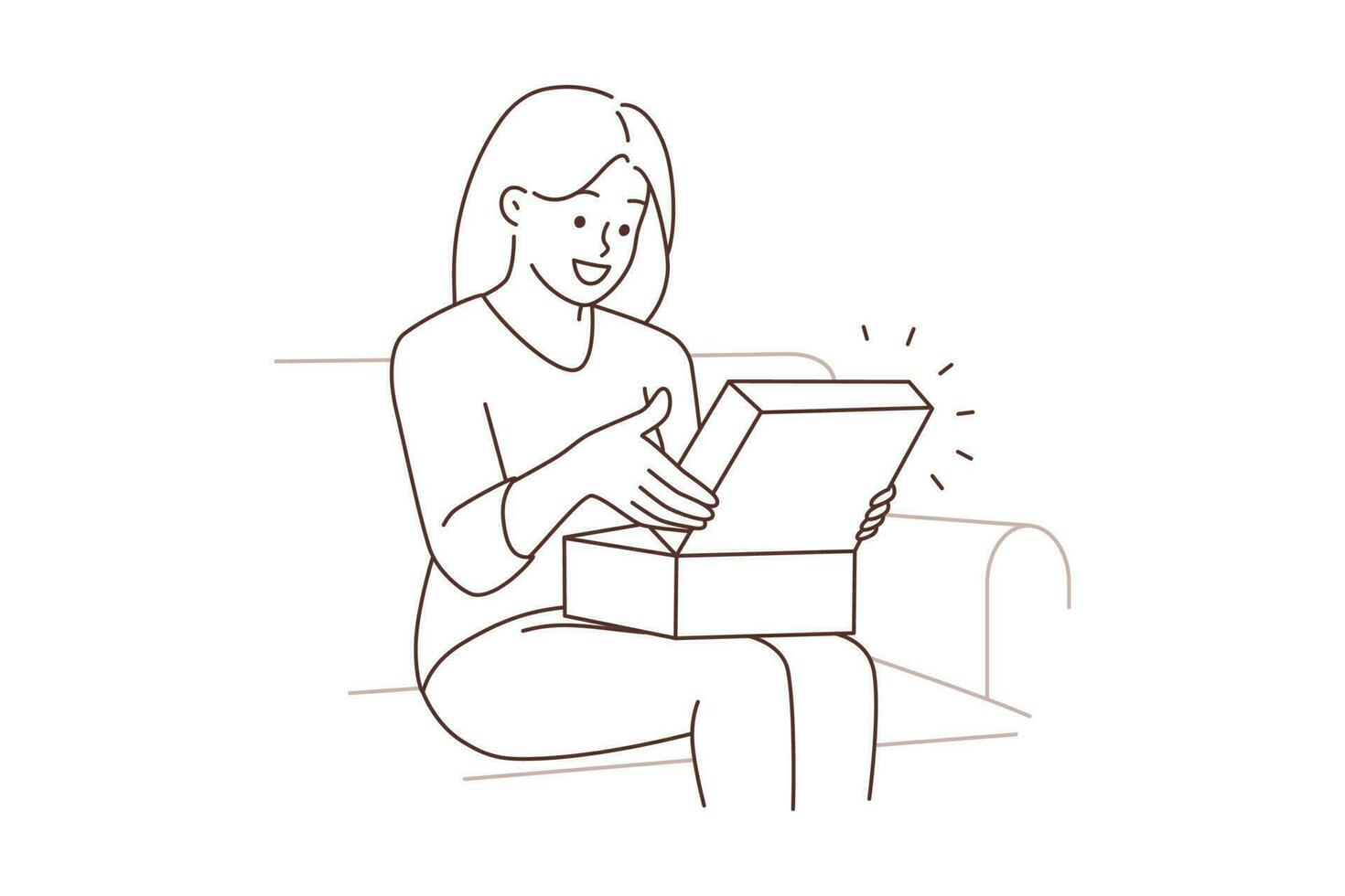 Happy woman sitting at home unpacking internet order. Smiling female open package shopping on internet. Shopaholic and consumerism. Vector illustration.