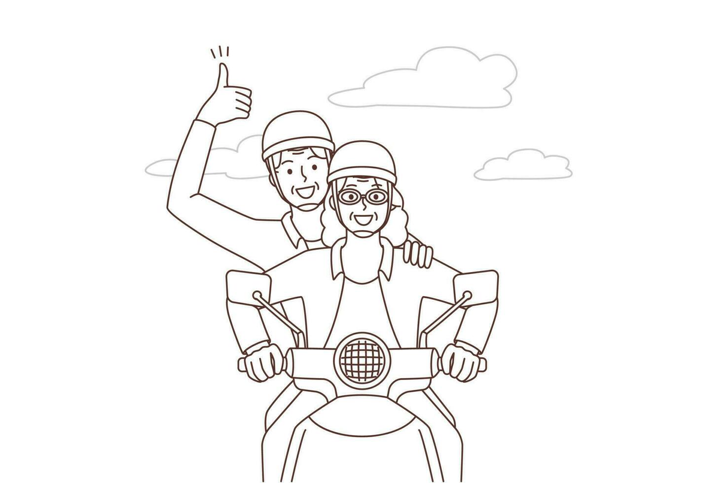 Happy elderly couple driving on motorbike. Smiling energetic mature man and woman have fun enjoy motorcycle ride outdoors. Vector illustration.