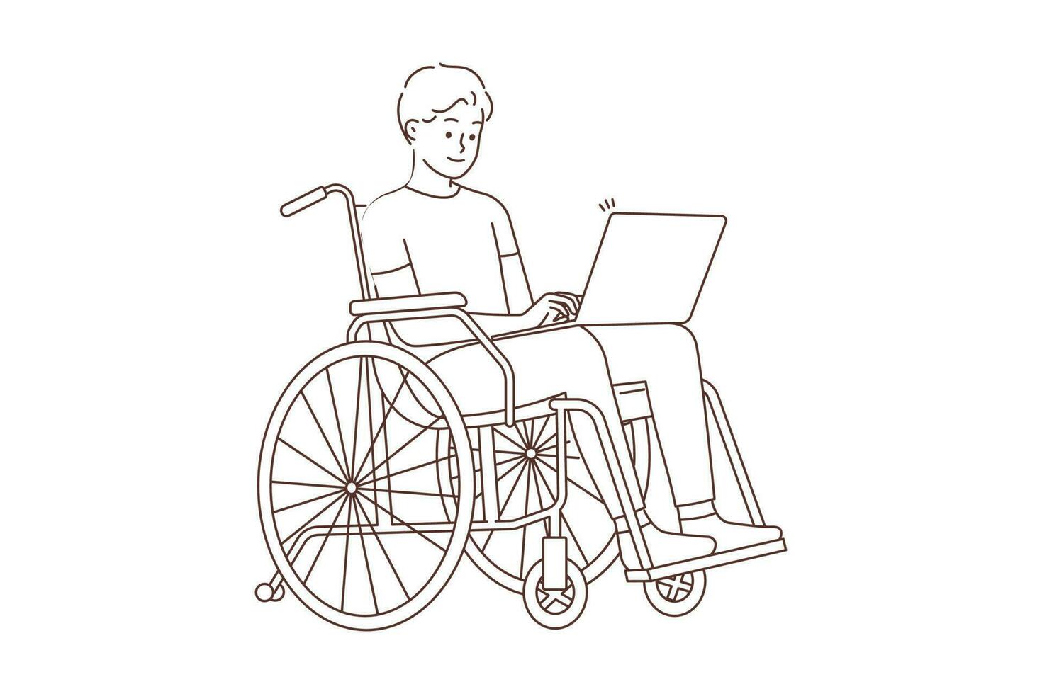 Smiling young man sit in wheelchair work on laptop. Happy optimistic handicapped guy use computer do freelance job or browse internet. Vector illustration.