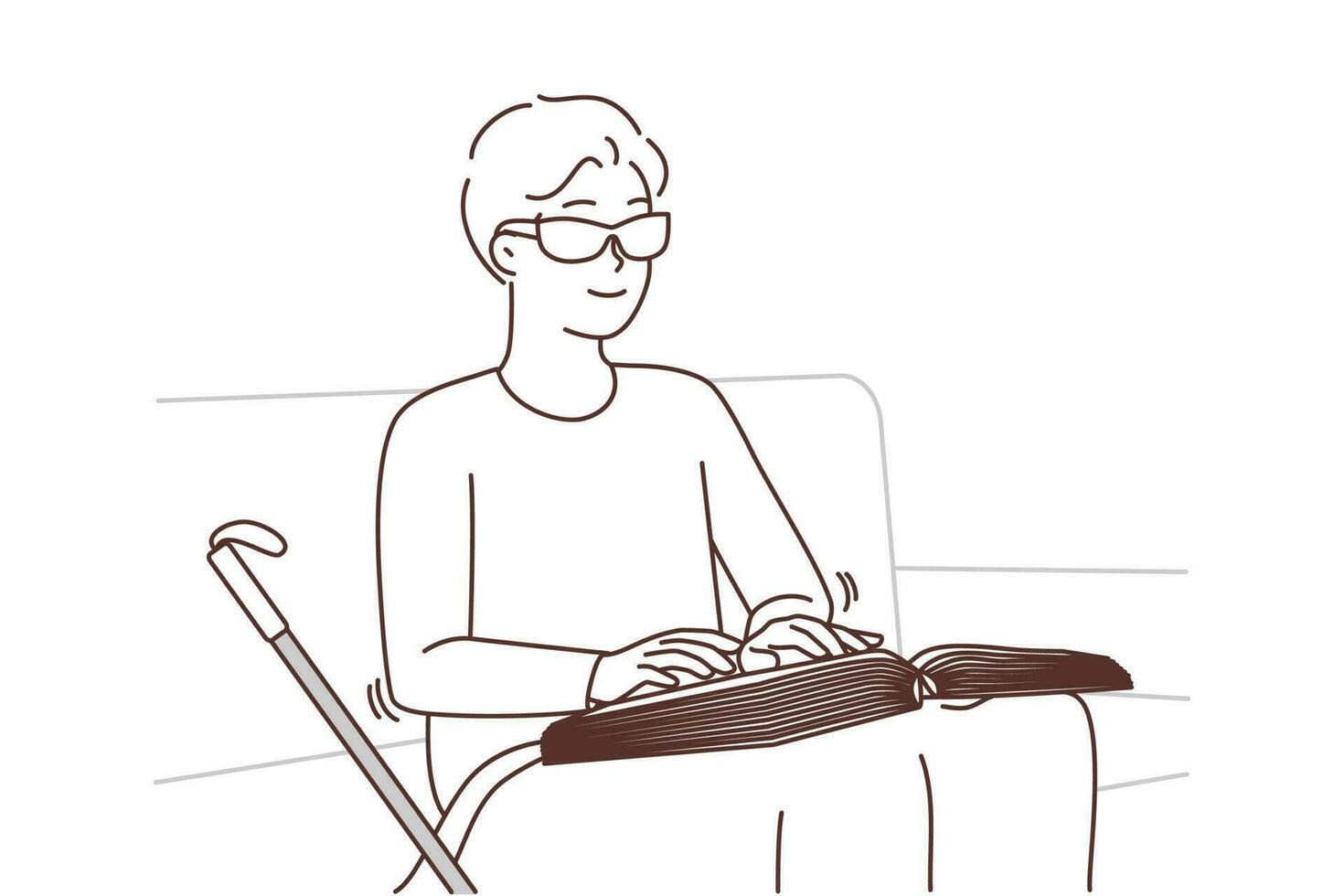 Blind man reading braille book at home. Smiling positive guy in glasses read textbook by touch. Blindness and disability. Vector illustration.