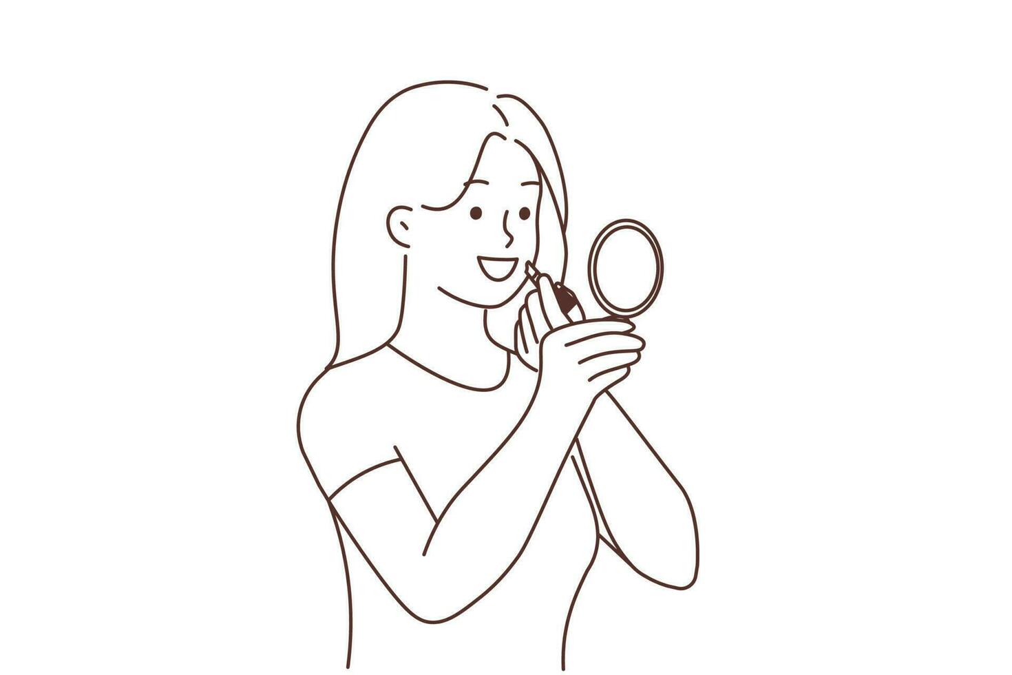 Smiling young woman look in mirror apply lipstick. Happy girl do makeup get ready with beauty products. Cosmetics concept. Vector illustration.