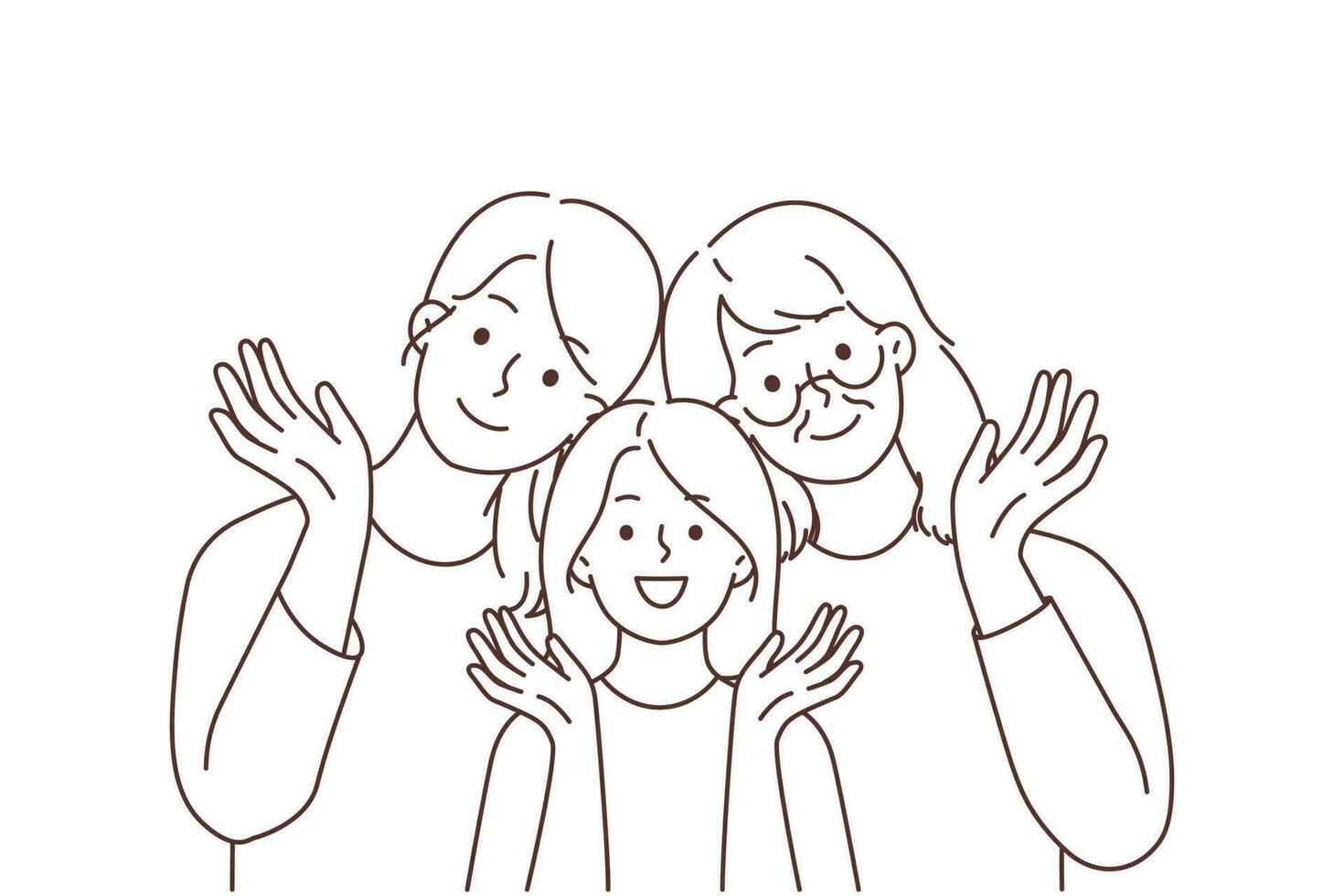 Portrait of smiling three generations of women posing together waving with hand. Happy girl child with mother and grandmother show family unity. Vector illustration.