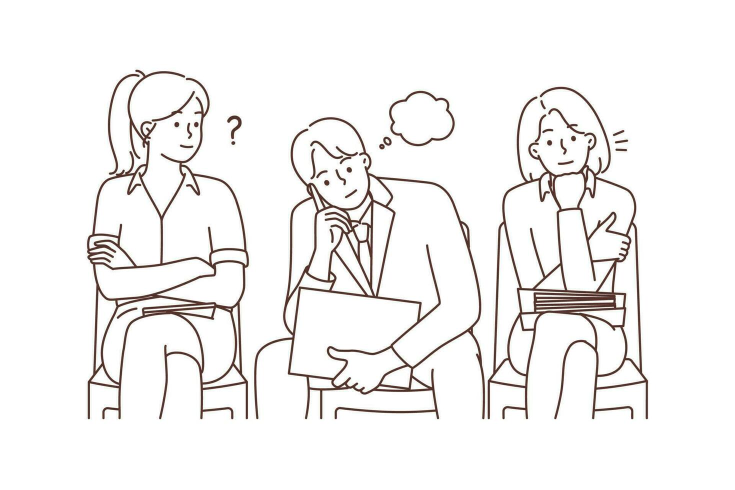 Diverse people sitting in line waiting for interview. Bored frustrated employees in queue for recruitment talk. Employment concept. Vector illustration.