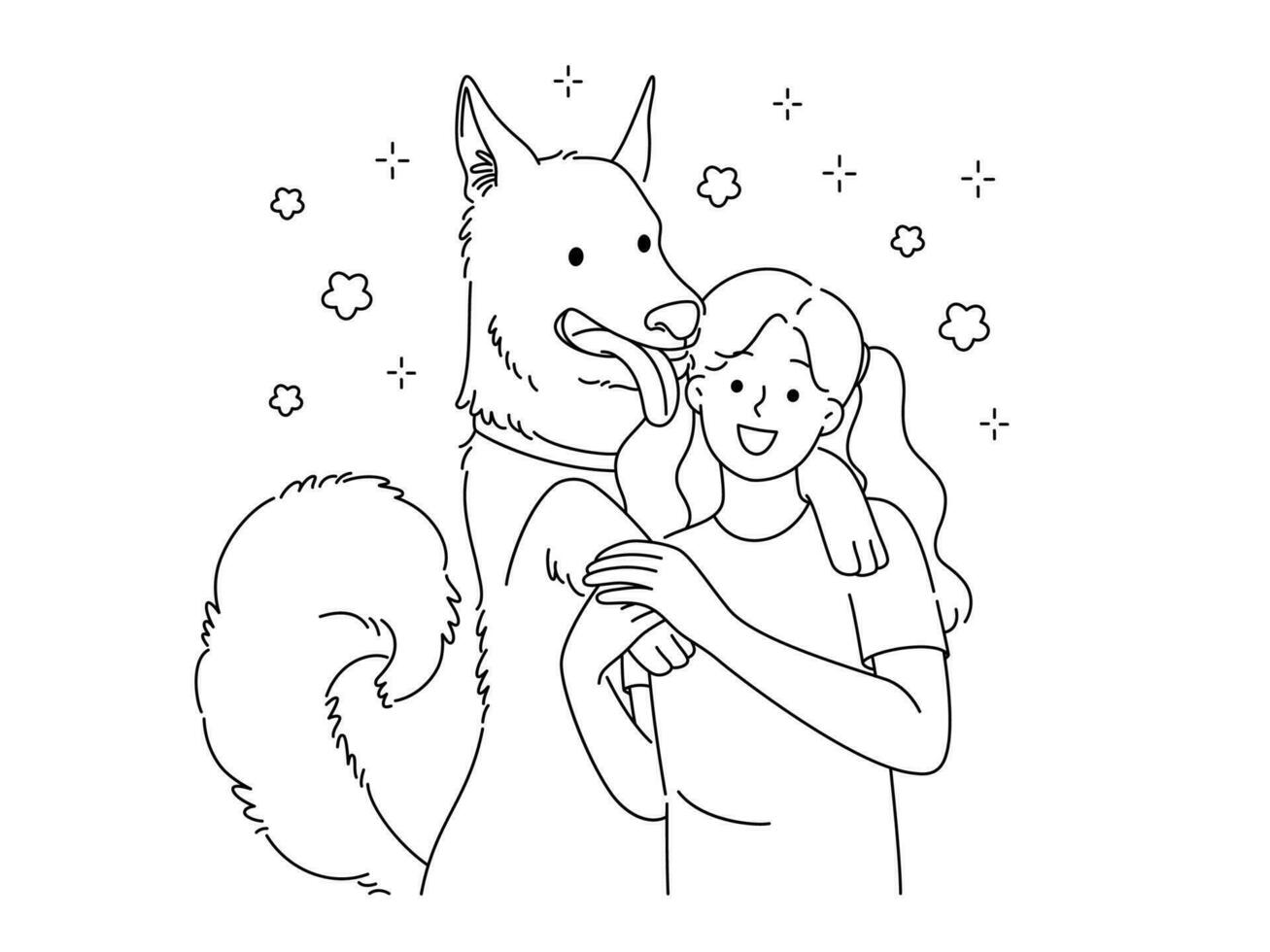 Happy little girl hugging with dog show affection and love. Smiling kid embracing cuddling with pet. Ownership and friendship. Vector illustration.