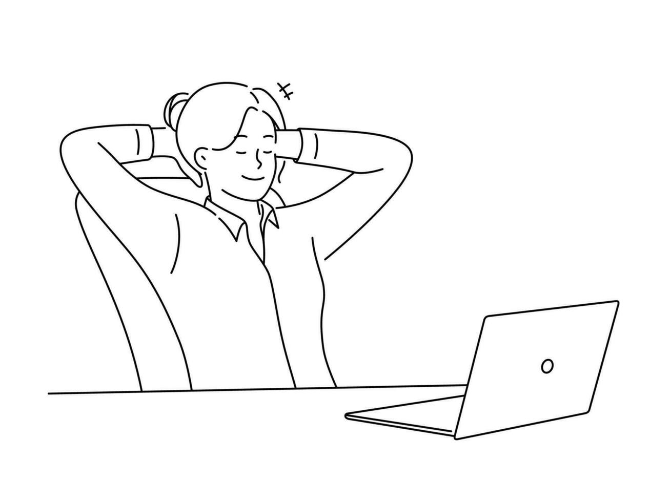 contento mujer de negocios relajarse en silla en oficina distraído desde computadora trabajar. sonriente hembra empleado tomar siesta ensueño a escritorio a lugar de trabajo. vector ilustración.