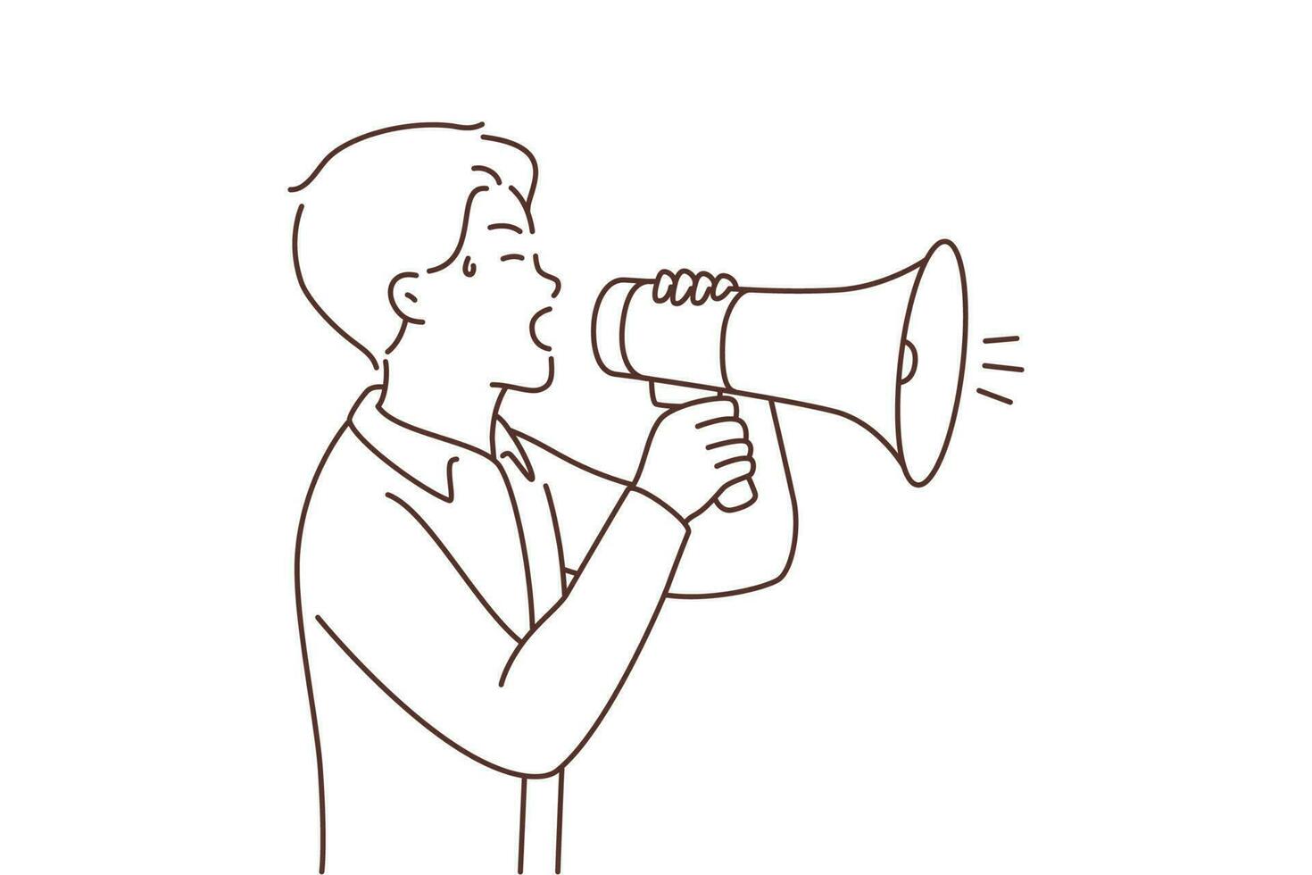 Stressed man scream in megaphones. Unhappy distressed guy shout in loudspeaker make announcement attract attention. Vector illustration.